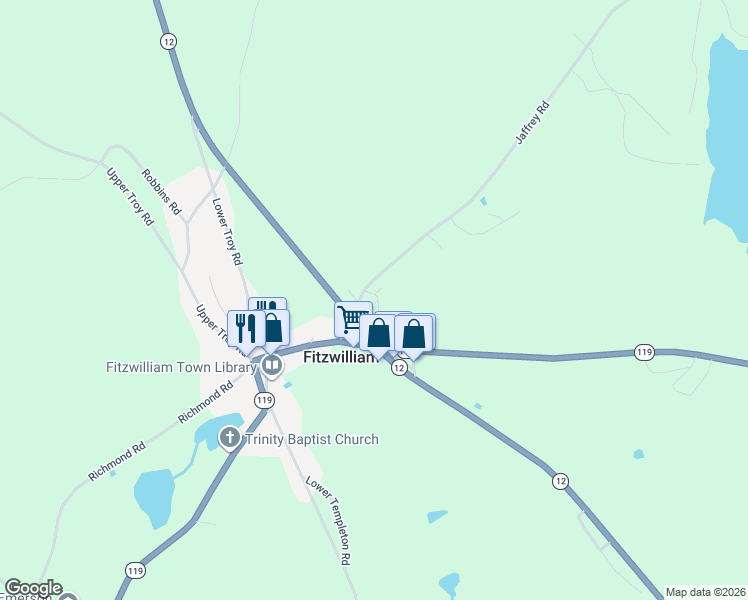 map of restaurants, bars, coffee shops, grocery stores, and more near 27 Highway 12 in Fitzwilliam