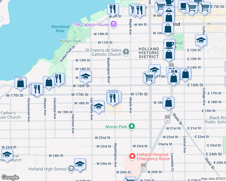 map of restaurants, bars, coffee shops, grocery stores, and more near 400 Washington Avenue in Holland