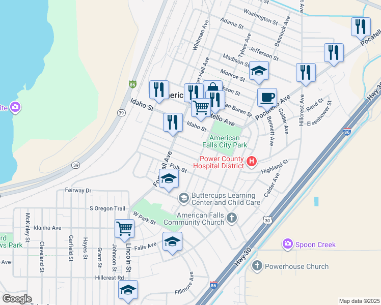 map of restaurants, bars, coffee shops, grocery stores, and more near 240 Roosevelt Street in American Falls