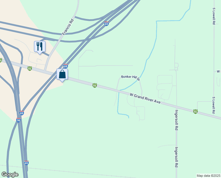 map of restaurants, bars, coffee shops, grocery stores, and more near West Grand River Avenue in Lansing