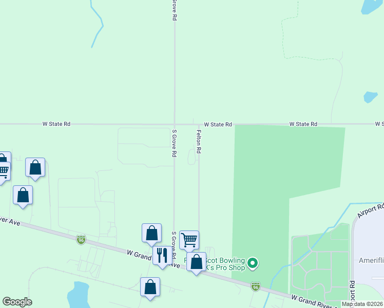 map of restaurants, bars, coffee shops, grocery stores, and more near 16200 Felton Road in Lansing
