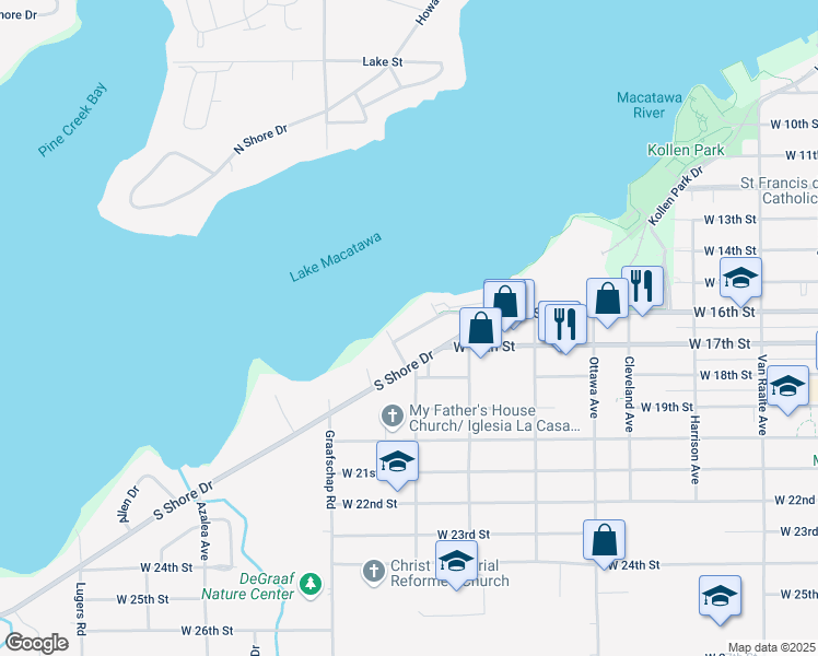map of restaurants, bars, coffee shops, grocery stores, and more near 595 Crescent Drive in Holland