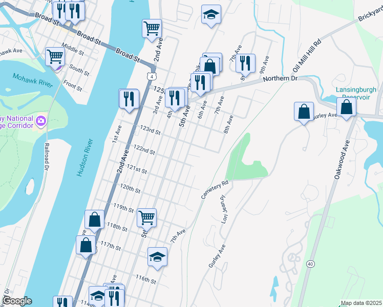 map of restaurants, bars, coffee shops, grocery stores, and more near 822 6th Avenue in Troy