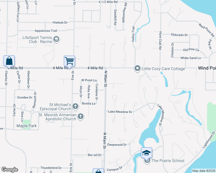 map of restaurants, bars, coffee shops, grocery stores, and more near 340 Jonsue Lane in Wind Point