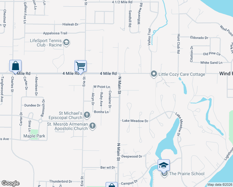 map of restaurants, bars, coffee shops, grocery stores, and more near 340 Jonsue Lane in Wind Point