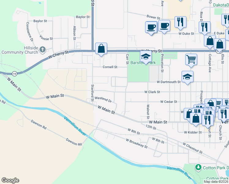 map of restaurants, bars, coffee shops, grocery stores, and more near 913 West Clark Street in Vermillion