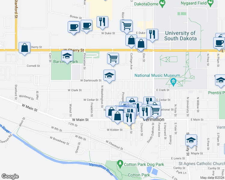 map of restaurants, bars, coffee shops, grocery stores, and more near 313 High Street in Vermillion