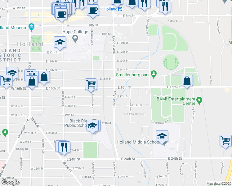 map of restaurants, bars, coffee shops, grocery stores, and more near 438 Lincoln Ridge Drive in Holland