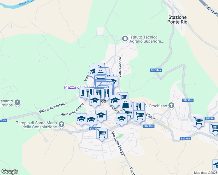 map of restaurants, bars, coffee shops, grocery stores, and more near Via Teatro Antico in Todi