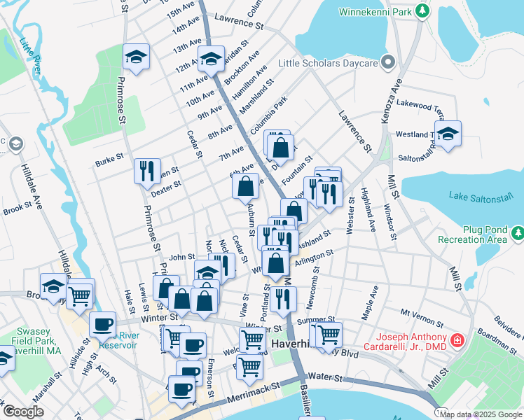 map of restaurants, bars, coffee shops, grocery stores, and more near 126 Portland Street in Haverhill