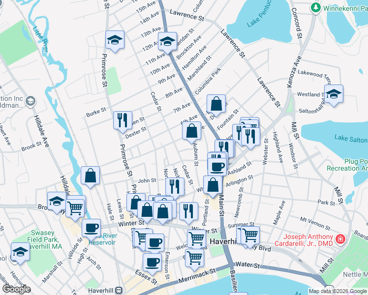 map of restaurants, bars, coffee shops, grocery stores, and more near 26 5th Avenue in Haverhill