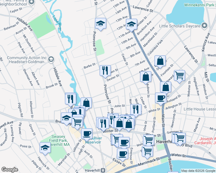 map of restaurants, bars, coffee shops, grocery stores, and more near in Haverhill
