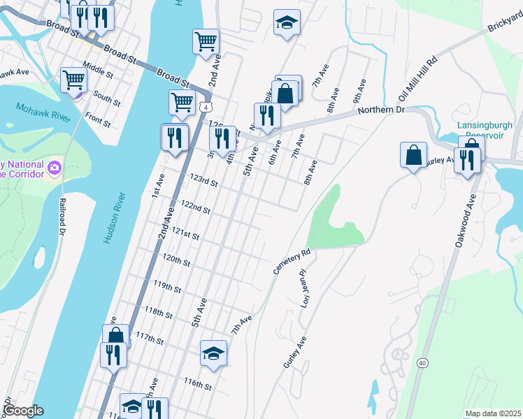 map of restaurants, bars, coffee shops, grocery stores, and more near 822 6th Avenue in Troy