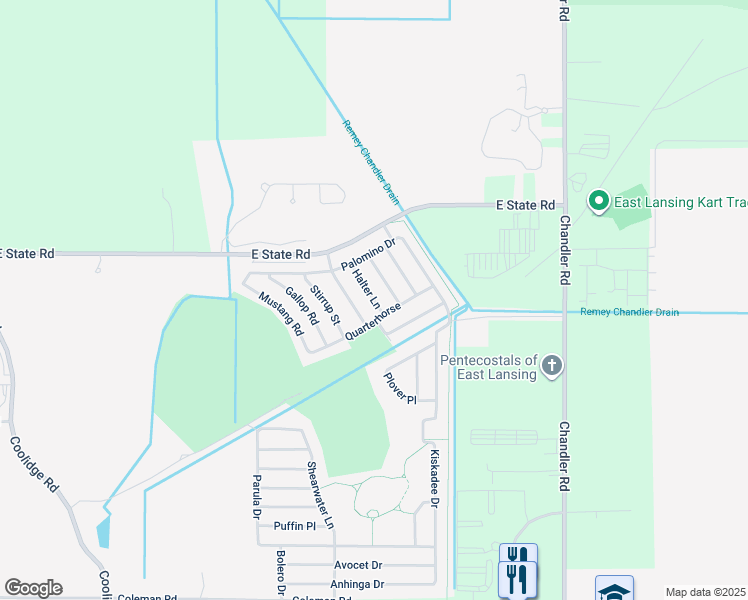 map of restaurants, bars, coffee shops, grocery stores, and more near 3937 Halter Lane in East Lansing