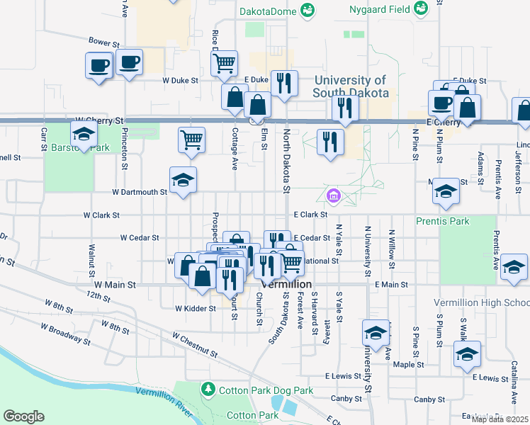 map of restaurants, bars, coffee shops, grocery stores, and more near 311 Elm Street in Vermillion