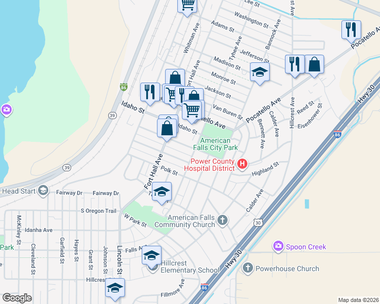 map of restaurants, bars, coffee shops, grocery stores, and more near 590 Tyhee Avenue in American Falls