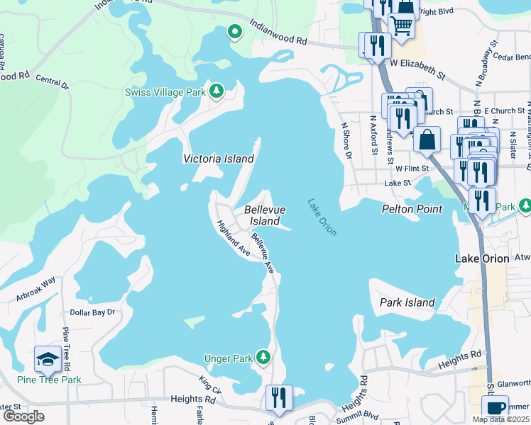 map of restaurants, bars, coffee shops, grocery stores, and more near 75 Crescent Avenue in Orion charter Township