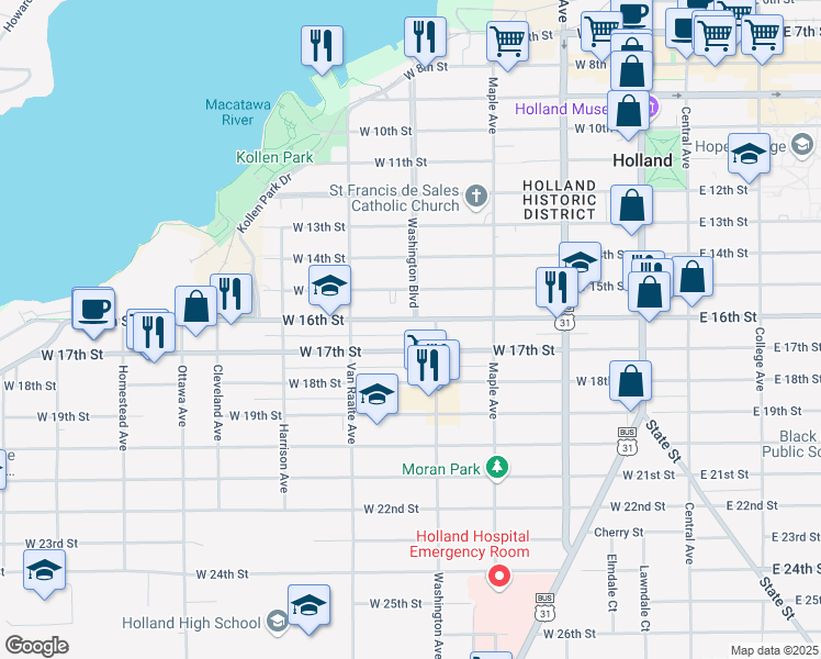 map of restaurants, bars, coffee shops, grocery stores, and more near 234 West 16th Street in Holland