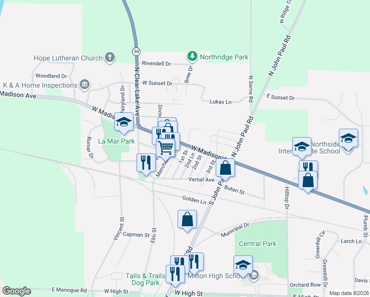map of restaurants, bars, coffee shops, grocery stores, and more near 503 West Madison Avenue in Milton