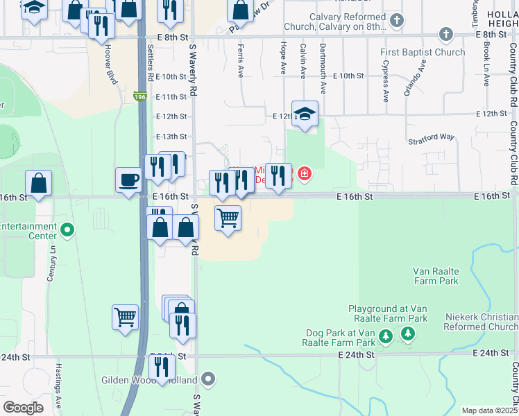 map of restaurants, bars, coffee shops, grocery stores, and more near 800 East 16th Street in Holland