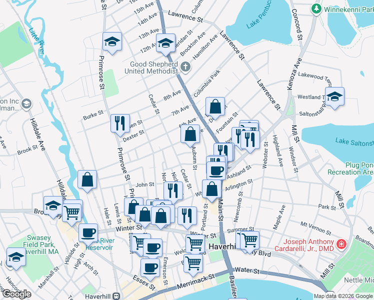 map of restaurants, bars, coffee shops, grocery stores, and more near 26 5th Avenue in Haverhill
