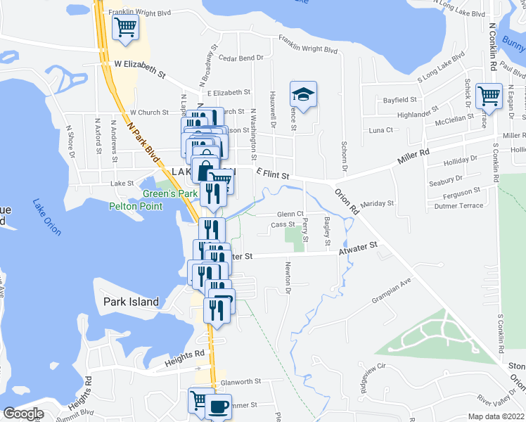 map of restaurants, bars, coffee shops, grocery stores, and more near 305 Glenn Court in Orion Township