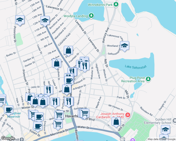 map of restaurants, bars, coffee shops, grocery stores, and more near 83 Kenoza Avenue in Haverhill