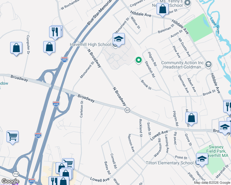 map of restaurants, bars, coffee shops, grocery stores, and more near 66 North Broadway in Haverhill