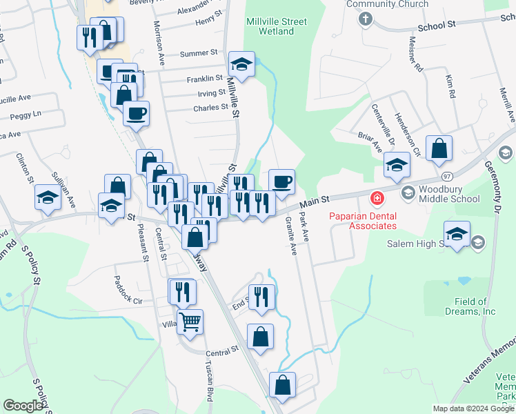 map of restaurants, bars, coffee shops, grocery stores, and more near 155 Main Street in Salem