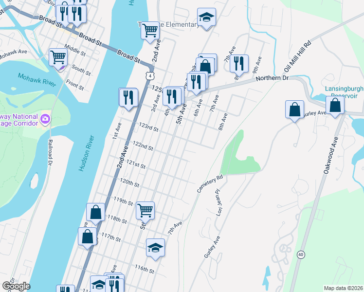 map of restaurants, bars, coffee shops, grocery stores, and more near 822 6th Avenue in Troy