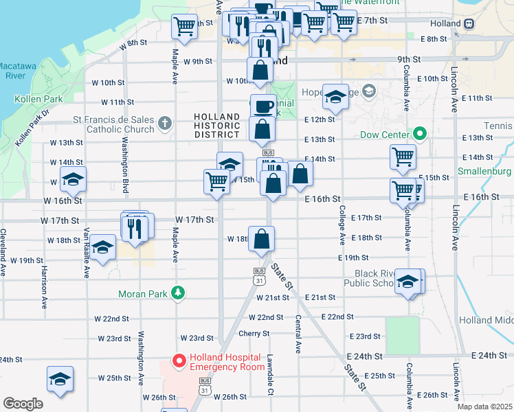 map of restaurants, bars, coffee shops, grocery stores, and more near in Holland