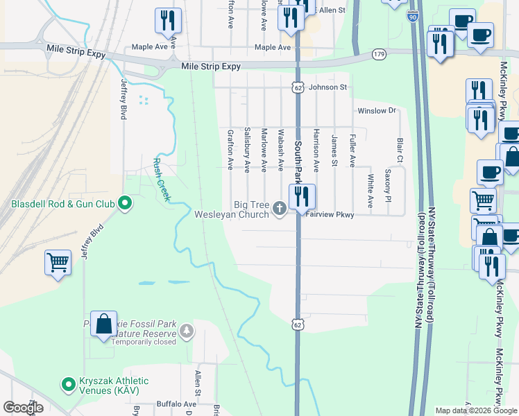 map of restaurants, bars, coffee shops, grocery stores, and more near 3727 Salisbury Avenue in Buffalo
