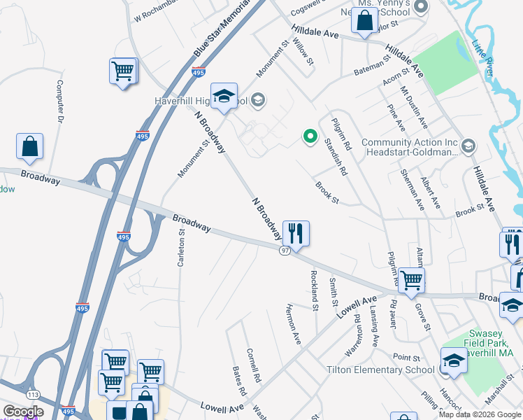 map of restaurants, bars, coffee shops, grocery stores, and more near 55 North Broadway in Haverhill