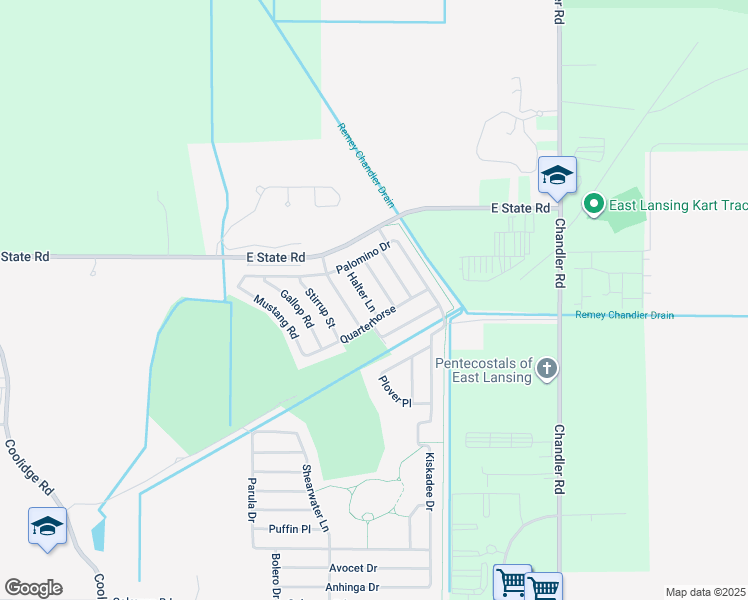 map of restaurants, bars, coffee shops, grocery stores, and more near 3937 Halter Lane in East Lansing