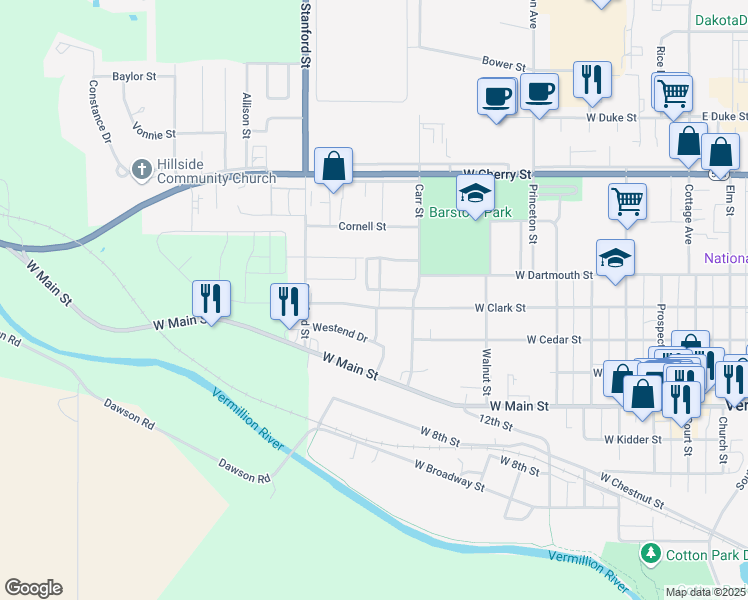 map of restaurants, bars, coffee shops, grocery stores, and more near 933 West Clark Street in Vermillion