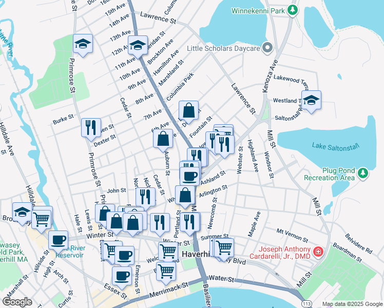 map of restaurants, bars, coffee shops, grocery stores, and more near 355 Main Street in Haverhill