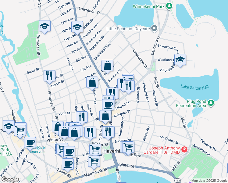map of restaurants, bars, coffee shops, grocery stores, and more near 355 Main Street in Haverhill