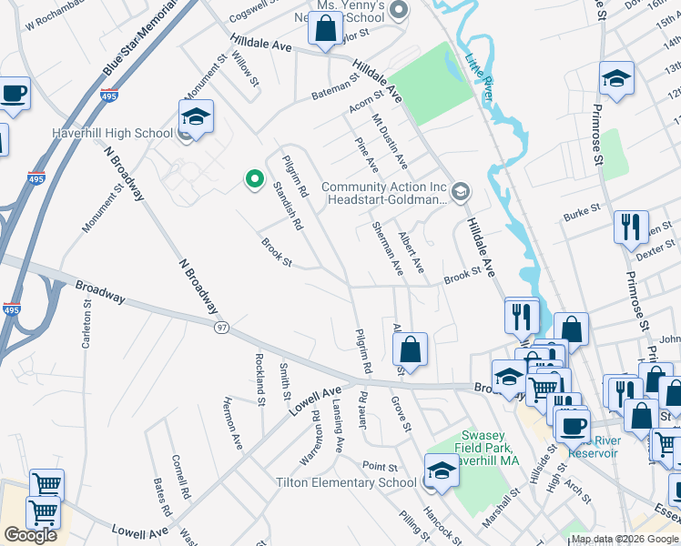 map of restaurants, bars, coffee shops, grocery stores, and more near 137 Brook Street in Haverhill