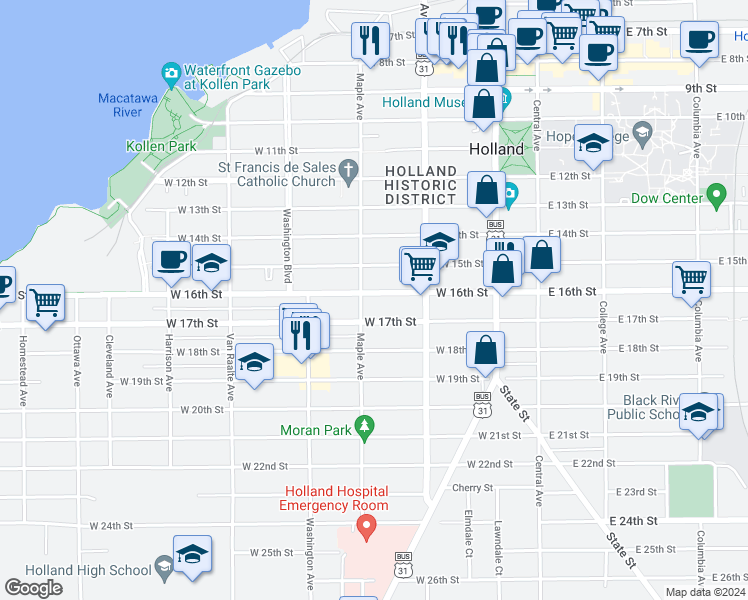 map of restaurants, bars, coffee shops, grocery stores, and more near 150 West 16th Street in Holland