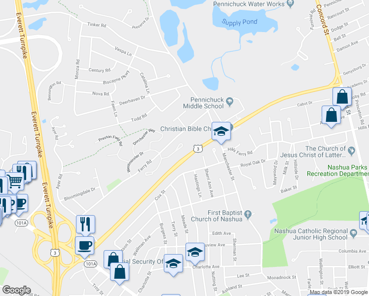 map of restaurants, bars, coffee shops, grocery stores, and more near 41 Drury Lane in Nashua