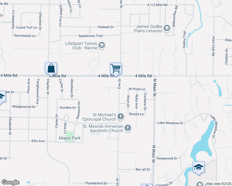 map of restaurants, bars, coffee shops, grocery stores, and more near 631 Royal Park Road in Racine