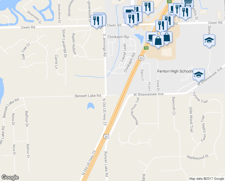map of restaurants, bars, coffee shops, grocery stores, and more near 3560 West Shiawassee Avenue in Fenton
