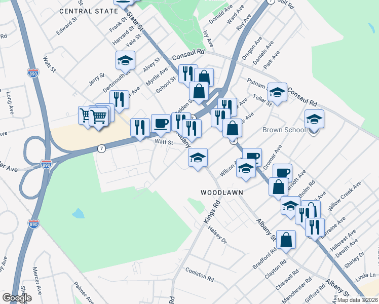 map of restaurants, bars, coffee shops, grocery stores, and more near 2551 Albany Street in Schenectady