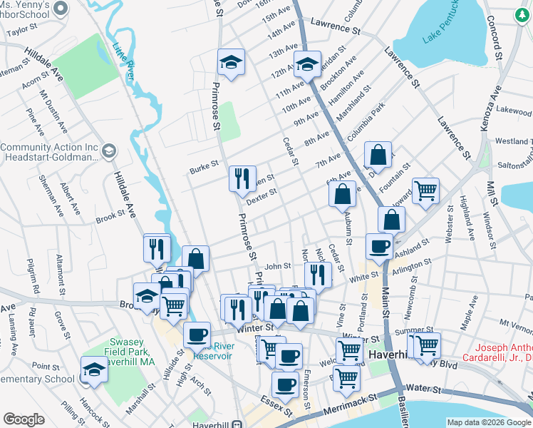 map of restaurants, bars, coffee shops, grocery stores, and more near in Haverhill