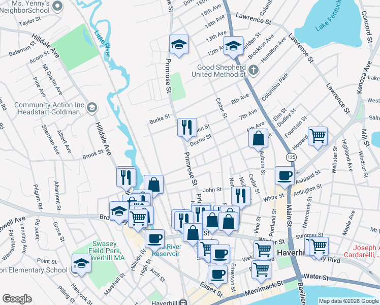 map of restaurants, bars, coffee shops, grocery stores, and more near 240 Primrose Street in Haverhill