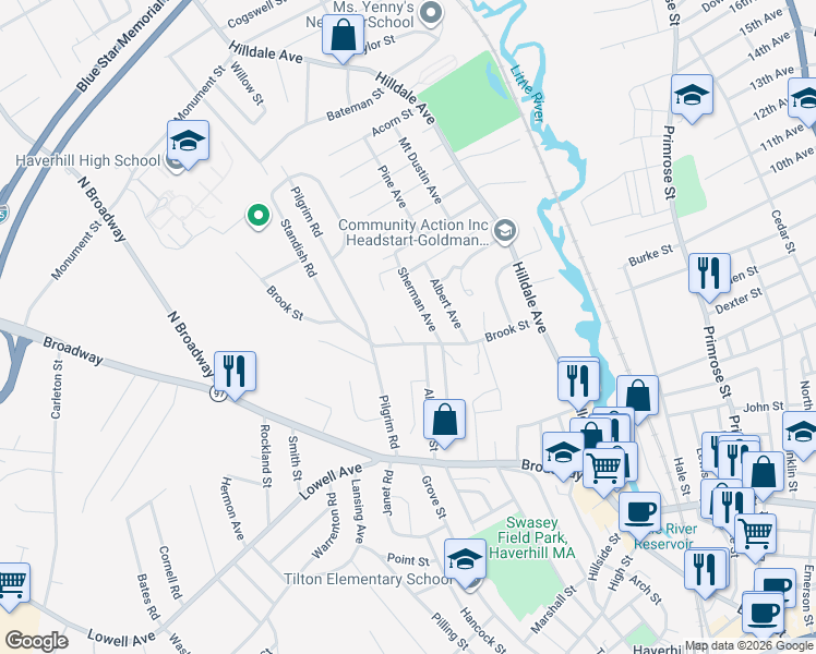 map of restaurants, bars, coffee shops, grocery stores, and more near 14 Saint Lawrence Street in Haverhill