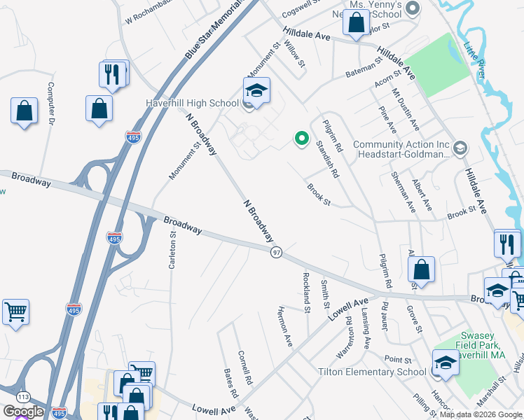 map of restaurants, bars, coffee shops, grocery stores, and more near 55 North Broadway in Haverhill