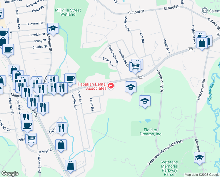 map of restaurants, bars, coffee shops, grocery stores, and more near 204 Main Street in Salem