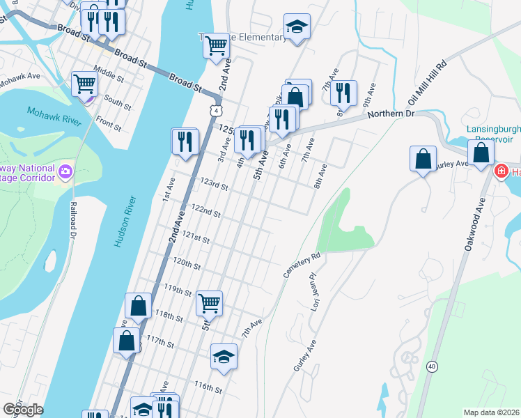 map of restaurants, bars, coffee shops, grocery stores, and more near 822 6th Avenue in Troy