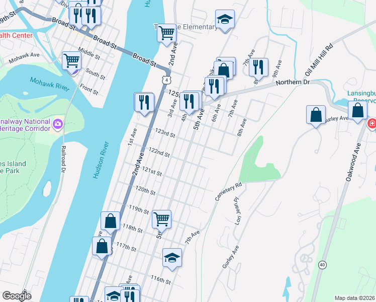 map of restaurants, bars, coffee shops, grocery stores, and more near 815 5th Avenue in Troy